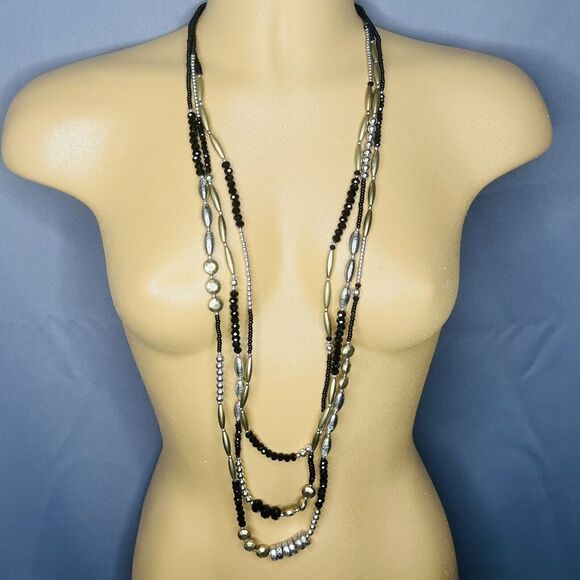 Chico's Statement Necklace Long Layered 3 Strand Beaded Black Silver Gold 1120 - Picture 1 of 11